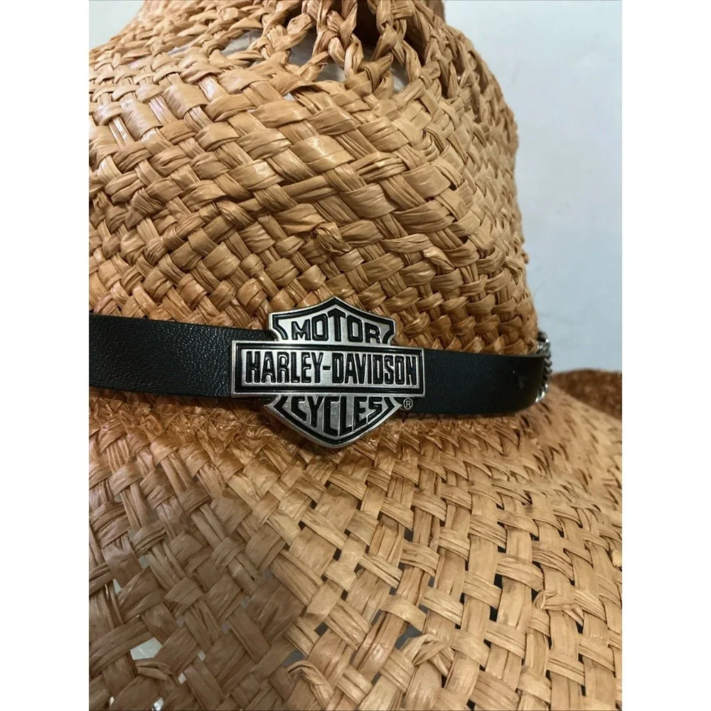 Harley Davidson Bend-Brim Straw Cowboy Hat F&M Hat Co Leather Band SZ S/M WORN
